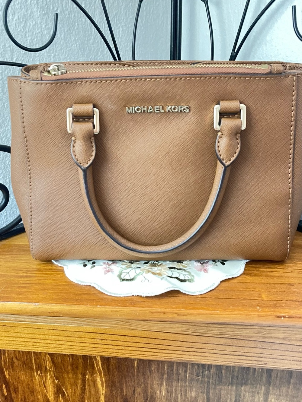 Michael Kors Brown Saffiano Leather Satchel with Gold Hardware
